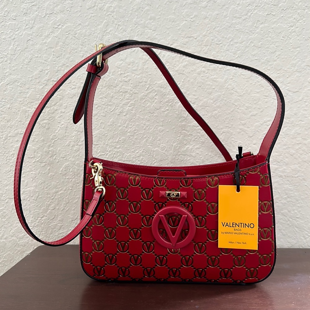 Valentino By Mario Valentino Kai Logo Monogram Shoulder Bag VA3115 RED Ret $895